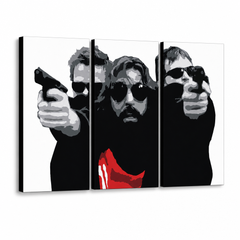 Tablou POP ART pictat manual Sfântul bondock 3 bucăți tbs – Vizualizare 3D a tabloului pictat manual pe fundal alb. Culori dominante: negru, alb, roșu.