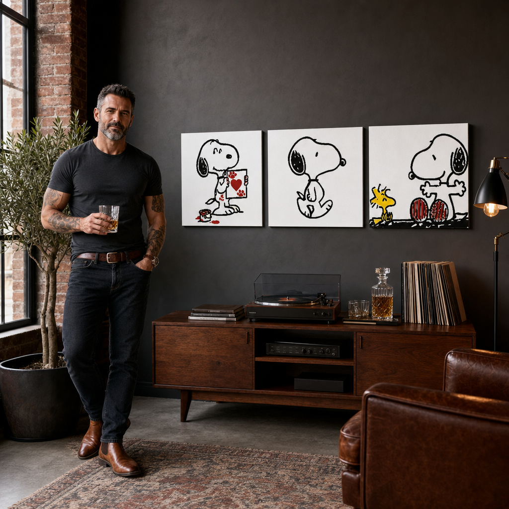 Tablou POP ART pictat manual SNOOPY 3 buc snoopy – tablou într-un interior modern masculin, vizualizare lifestyle. Culori dominante: negru, roșu, galben.