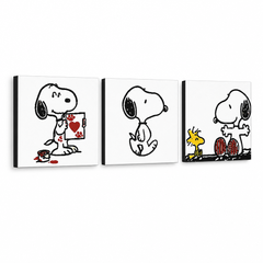Tablou POP ART pictat manual SNOOPY 3 buc snoopy – Vizualizare 3D a tabloului pictat manual pe fundal alb. Culori dominante: negru, roșu, galben.
