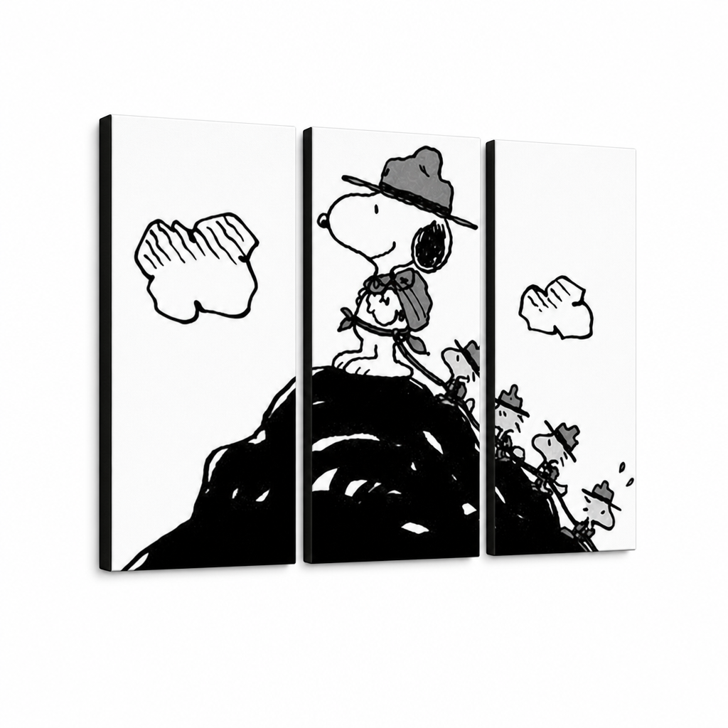 Tablou POP ART pictat manual SNOOPY 3 buc snoopy2 – Vizualizare 3D a tabloului pictat manual pe fundal alb. Culori dominante: negru, alb.
