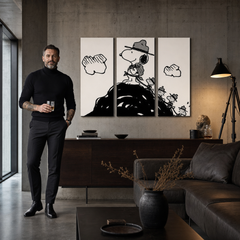 Tablou POP ART pictat manual SNOOPY 3 buc snoopy2 – tablou într-un interior modern masculin, vizualizare lifestyle. Culori dominante: negru, alb.