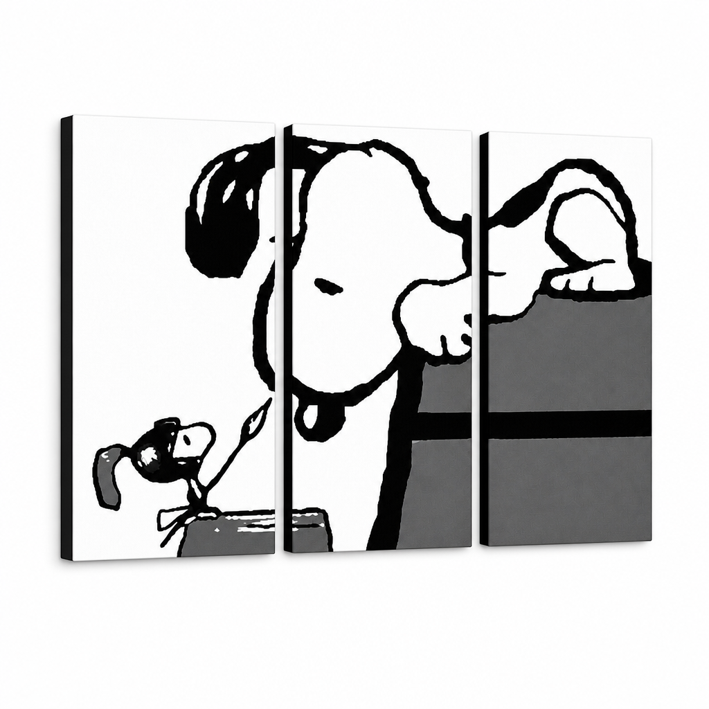 Tablou POP ART pictat manual SNOOPY 3 părți snoopy3 – Vizualizare 3D a tabloului pictat manual pe fundal alb. Culori dominante: negru, alb, gri.