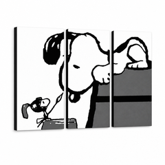 Tablou POP ART pictat manual SNOOPY 3 părți snoopy3 – Vizualizare 3D a tabloului pictat manual pe fundal alb. Culori dominante: negru, alb, gri.