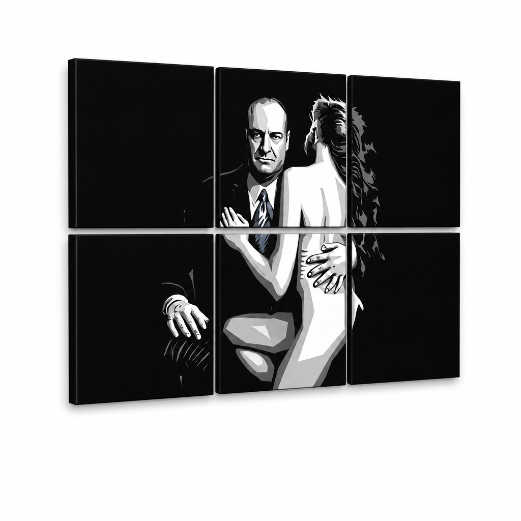 Tablou POP ART pictat manual SOPRANOS 6 bucăți sop2 – Vizualizare 3D a tabloului pictat manual pe fundal alb. Culori dominante: negru, alb, albastru.