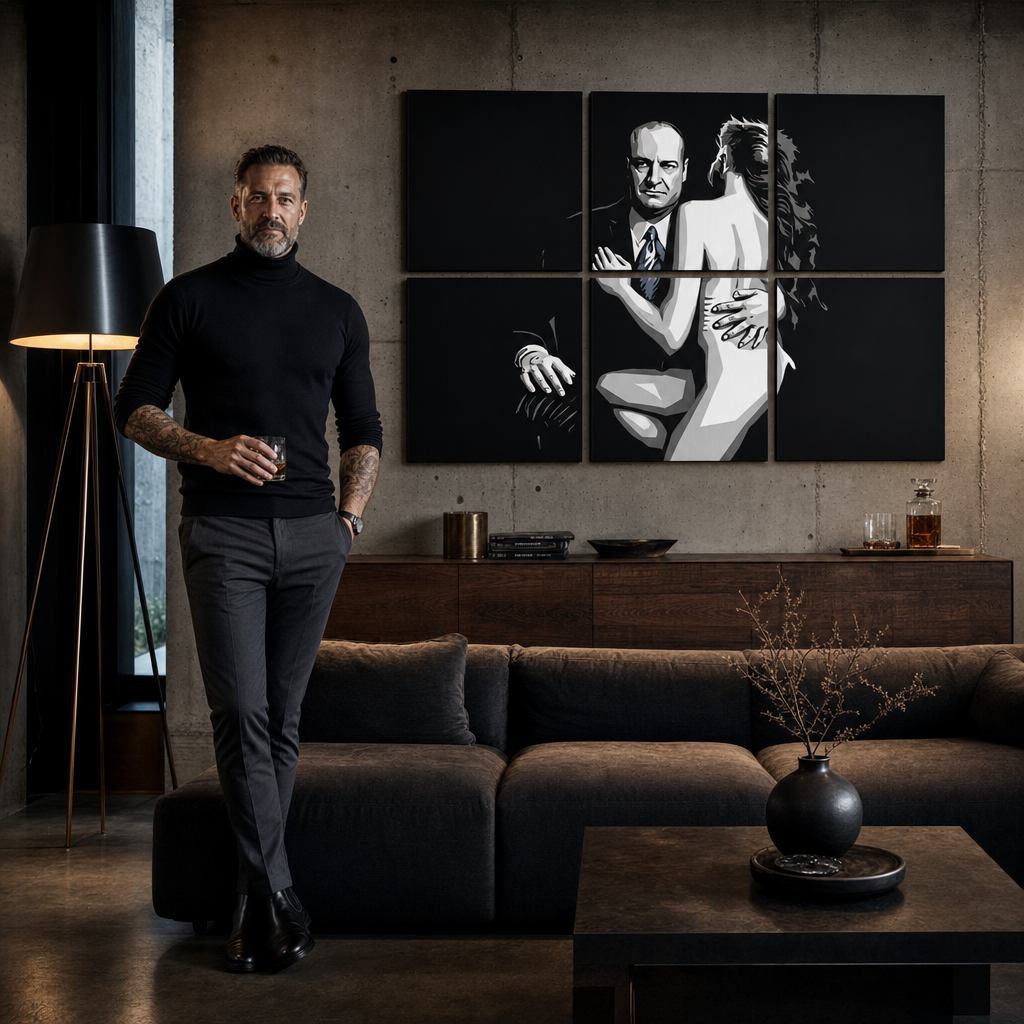 Tablou POP ART pictat manual SOPRANOS 6 bucăți sop2 – tablou într-un interior modern masculin, vizualizare lifestyle. Culori dominante: negru, alb, albastru.
