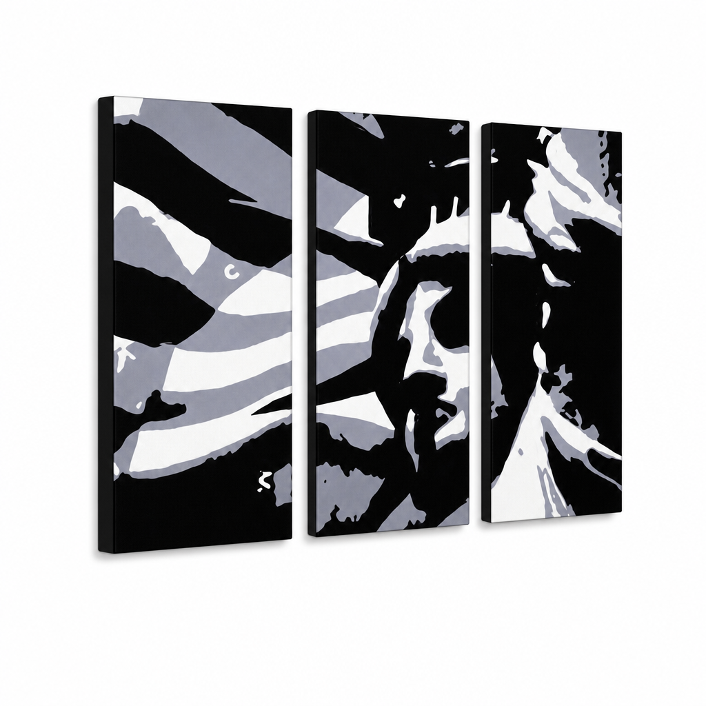 Tablou POP ART pictat manual Statuia Libertății 3 bucăți fs2 – Vizualizare 3D a tabloului pictat manual pe fundal alb. Culori dominante: negru, alb, gri.