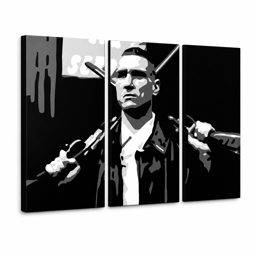 Tablou POP ART pictat manual Stock Lock 3 Piece Sto – Vizualizare 3D a tabloului pictat manual pe fundal alb. Culori dominante: negru, alb, gri.