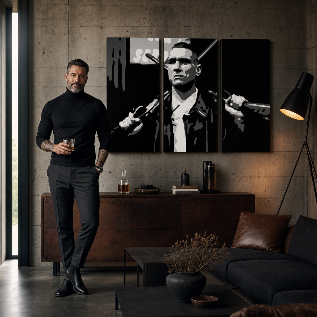 Tablou POP ART pictat manual Stock Lock 3 Piece Sto – tablou într-un interior modern masculin, vizualizare lifestyle. Culori dominante: negru, alb, gri.
