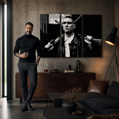 Tablou POP ART pictat manual Stock Lock 3 Piece Sto – tablou într-un interior modern masculin, vizualizare lifestyle. Culori dominante: negru, alb, gri.