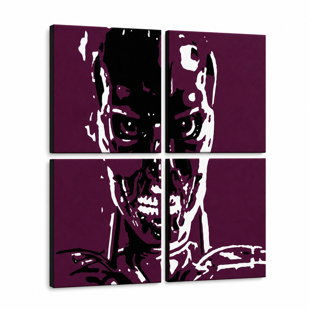 Tablou POP ART pictat manual TERMINATOR 4 buc ter – Vizualizare 3D a tabloului pictat manual pe fundal alb. Culori dominante: negru, alb, mov.