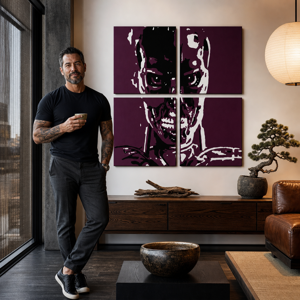 Tablou POP ART pictat manual TERMINATOR 4 buc ter – tablou într-un interior modern masculin, vizualizare lifestyle. Culori dominante: negru, alb, mov.