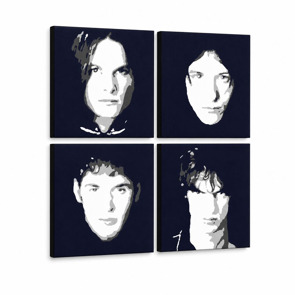 Tablou POP ART pictat manual The Vervet 4 buc tv – Vizualizare 3D a tabloului pictat manual pe fundal alb. Culori dominante: negru, alb, maro.