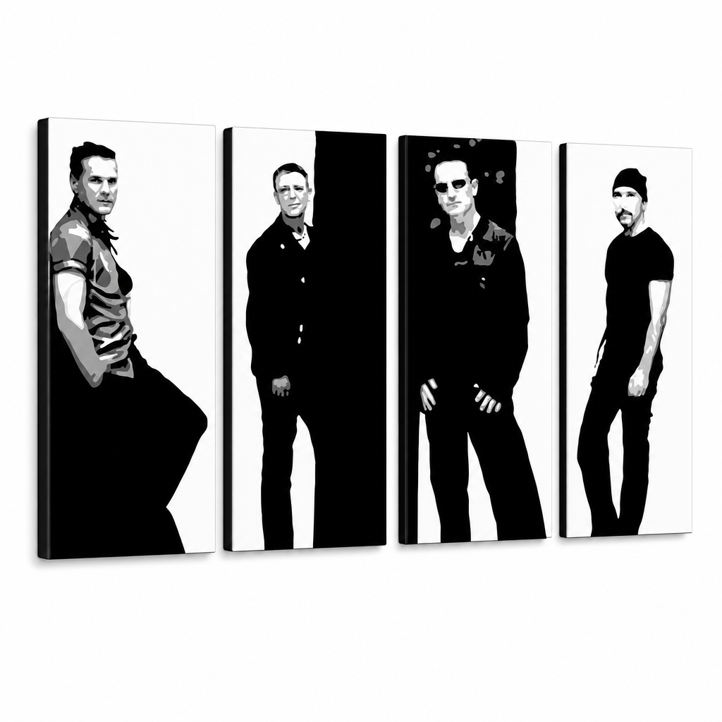 Tablou POP ART pictat manual U2 în negru 4 bucăți U2 – Vizualizare 3D a tabloului pictat manual pe fundal alb. Culori dominante: negru, alb, gri.