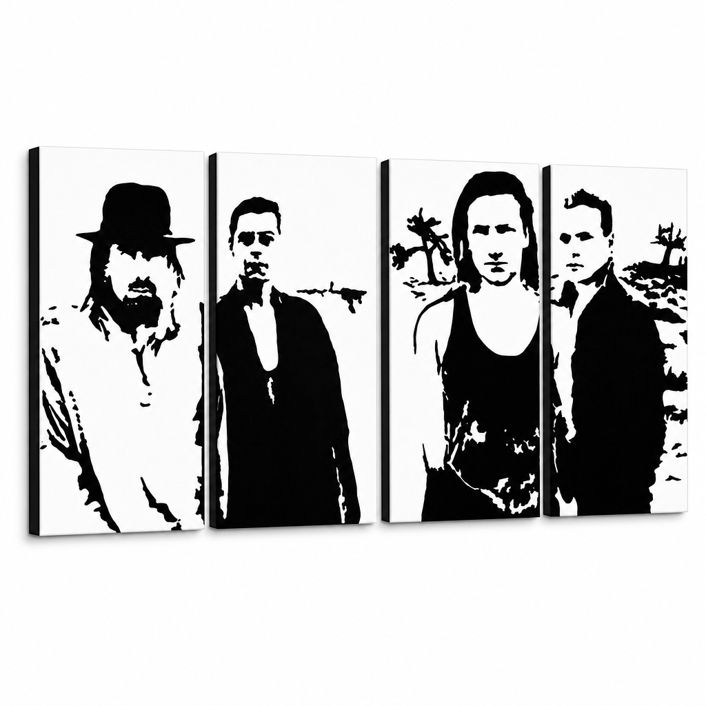 Tablou POP ART pictat manual U2 în negru 4 bucăți U22 – Vizualizare 3D a tabloului pictat manual pe fundal alb. Culori dominante: negru, alb.
