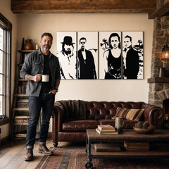 Tablou POP ART pictat manual U2 în negru 4 bucăți U22 – tablou într-un interior modern masculin, vizualizare lifestyle. Culori dominante: negru, alb.