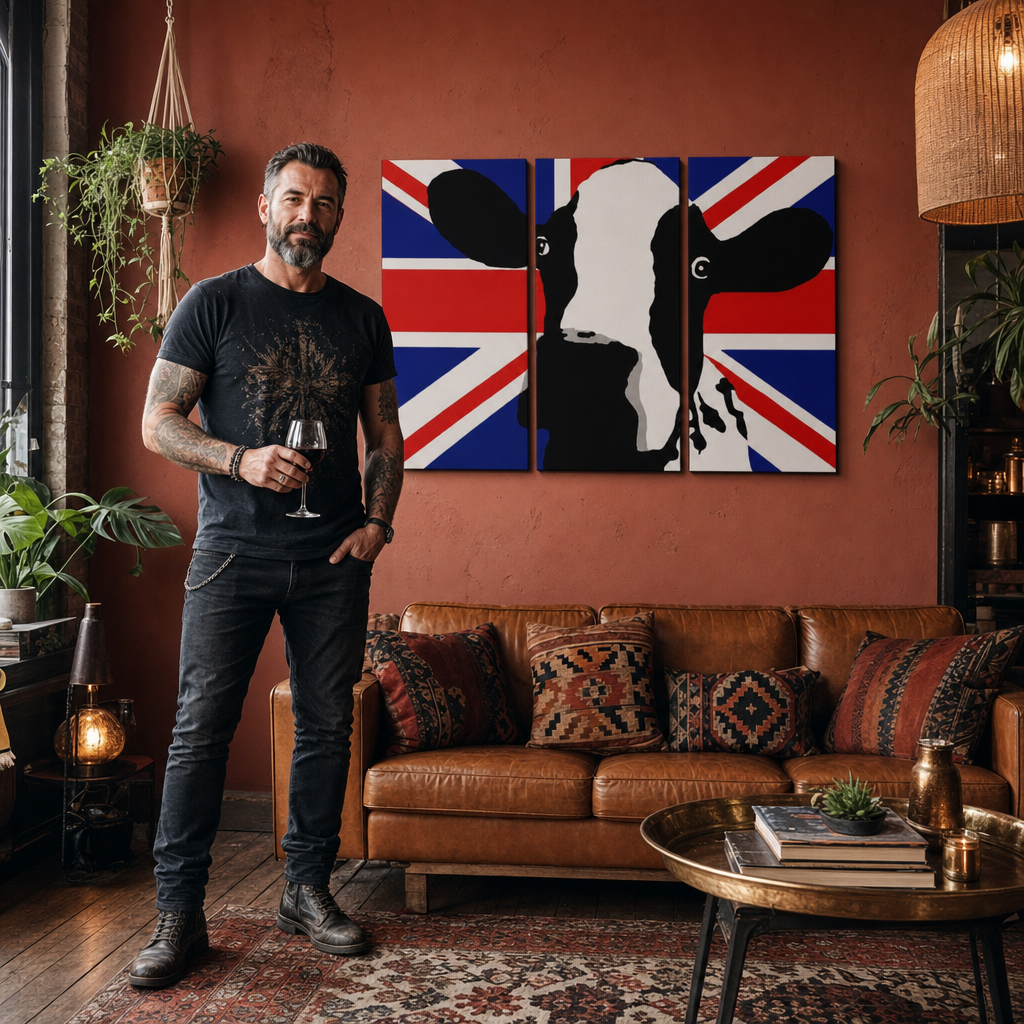Tablou POP ART pictat manual Vacă 3 bucăți vacă2 – tablou într-un interior modern masculin, vizualizare lifestyle. Culori dominante: negru, alb, roșu, albastru, galben.