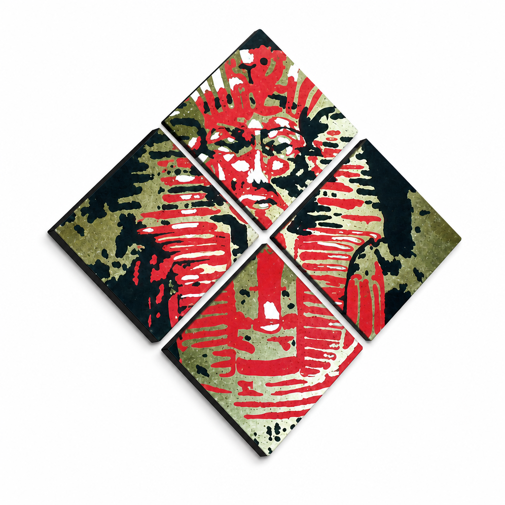 Pictate manual POP Art Tutan Chamon 4 buc pictura aici – Vizualizare 3D a tabloului pictat manual pe fundal alb. Culori dominante: negru, roșu, maro.