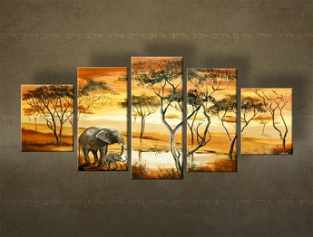 Pictat manual tablou cu motivul AFRIKA, apus de soare, natură în alb-albastru nuanțe | Tablou pictat de perete AFRIKA, natură – previzualizare