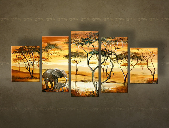 Pictat manual tablou pe pânză cu motivul AFRIKA, apus de soare, natură în alb-albastru nuanțe, atmosferă liniștită, natură, potrivit pentru birou de lucru – principală