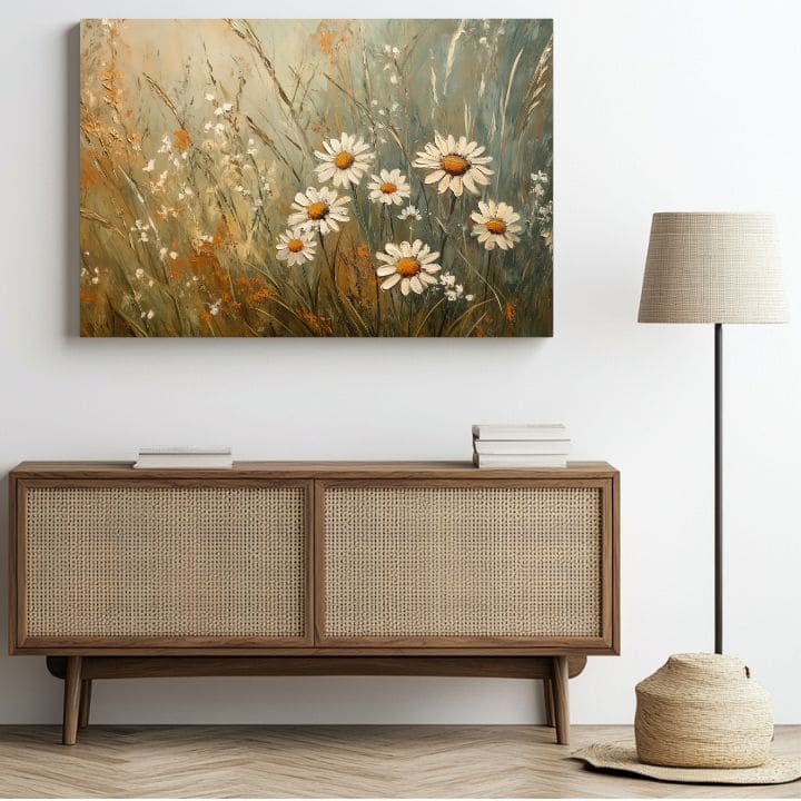 Modern tablou pe pânză cu motivul biely tanec florilor, pajiște în bej-alb nuanțe, atmosferă liniștită, natură și creștere și dezvoltare | Tablou biely tanec florilor – produs, vedere 2