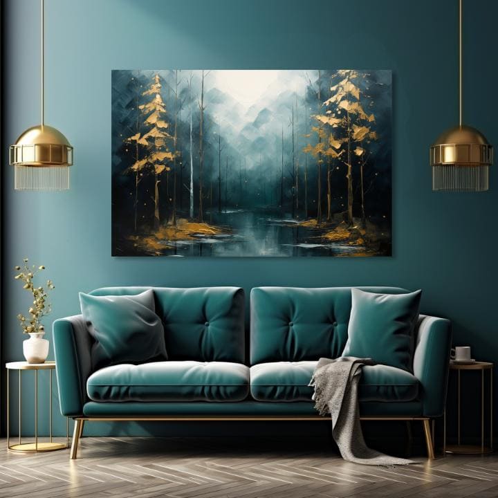 Art deco tablou pe pânză cu motivul pădure, copaci, munți, ceață ușoară, peisaj în albastru-verde nuanțe, atmosferă liniștită, natură și mister, potrivit pentru sufragerie – produs