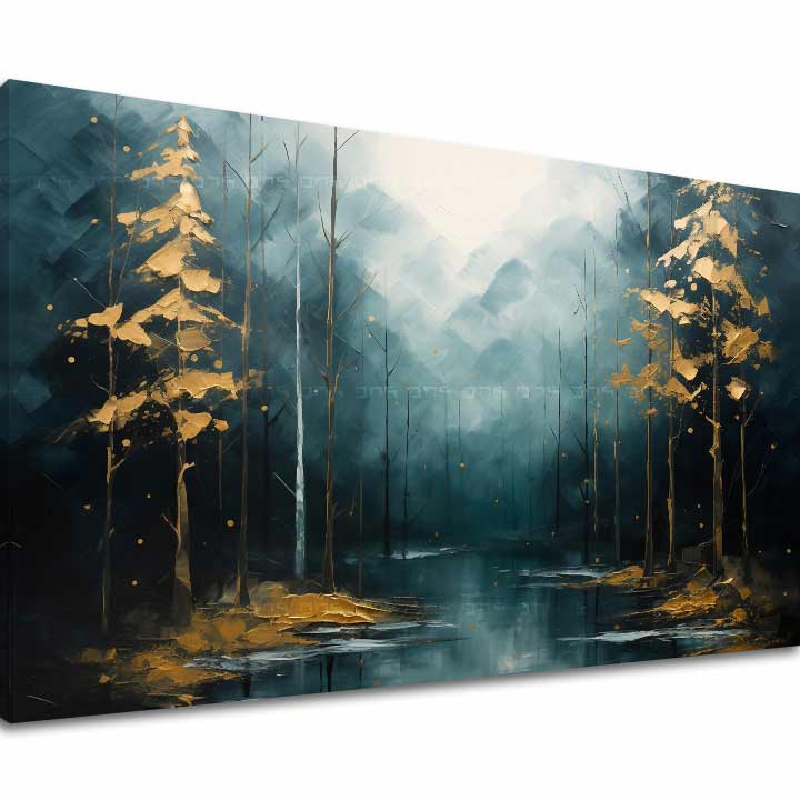Art deco tablou pe pânză cu motivul pădure, copaci, munți, ceață ușoară, peisaj în albastru-verde nuanțe, atmosferă liniștită, natură și mister, potrivit pentru sufragerie – principală