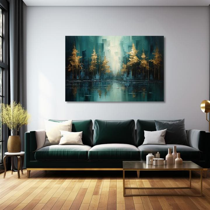 Art deco tablou pe pânză cu motivul copaci, peisaj, hartă, natură în albastru-verde nuanțe, atmosferă liniștită, natură și contemplare, potrivit pentru sufragerie – produs
