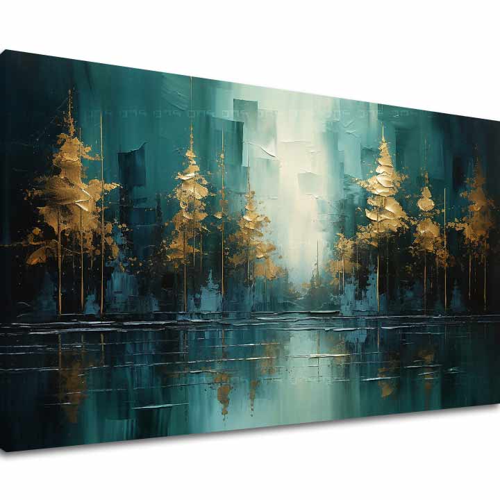 Art deco tablou pe pânză cu motivul copaci, peisaj, hartă, natură în albastru-verde nuanțe, atmosferă liniștită, natură și contemplare, potrivit pentru sufragerie – principală