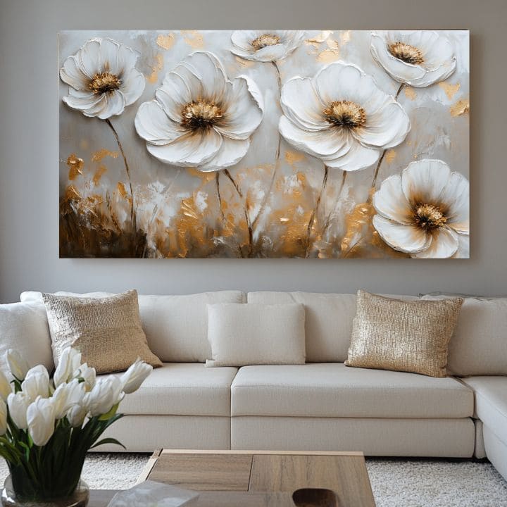 Pictat manual tablou pe pânză cu motivul tanec florilor în alb-gri nuanțe, atmosferă elegantă, natură și impresie de lux | Tablou tanec florilor – produs