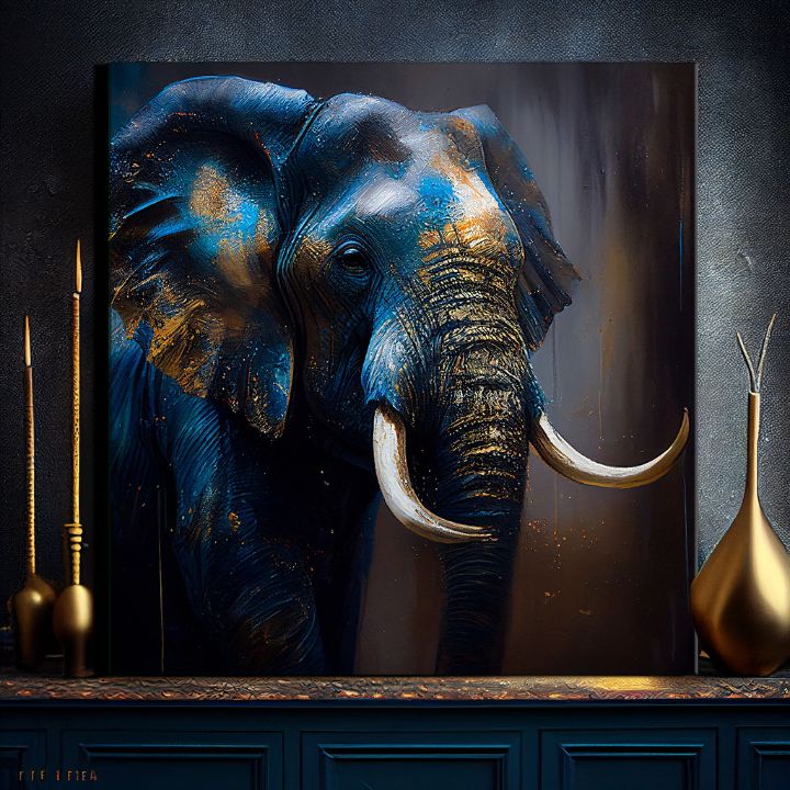 Art deco tablou pe pânză cu motivul elefant, africký motiv, natură, animal în albastru-auriu nuanțe, atmosferă maiestuoasă, natură și forță, štvorcové execuție – produs