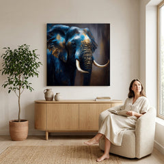Art deco tablou pe pânză cu motivul elefant, africký motiv, natură, animal în albastru-auriu nuanțe agățat în interiorul sufragerie, atmosferă maiestuoasă – interior