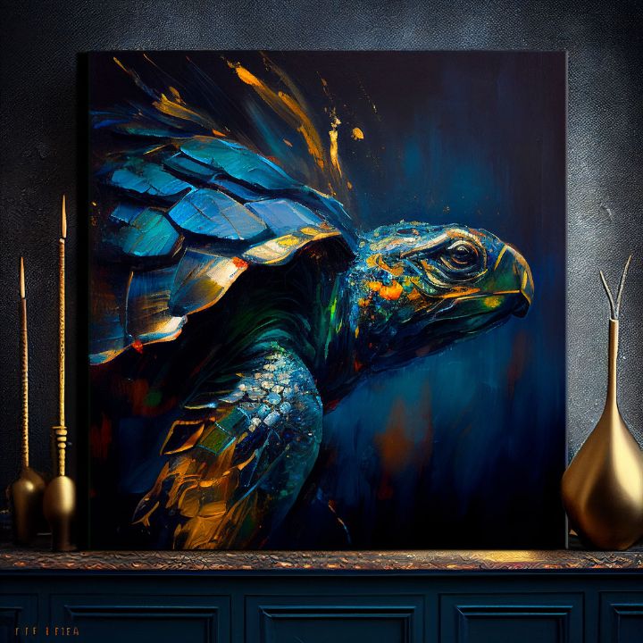 Pop art tablou pe pânză cu motivul PREMIUM ART - Green Turtle Odyssey, ocean, peisaj, natură în albastru-auriu nuanțe, atmosferă liniștită, potrivit pentru sufragerie – produs