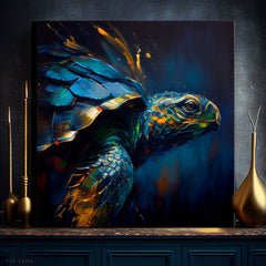 Pop art tablou pe pânză cu motivul PREMIUM ART - Green Turtle Odyssey, ocean, peisaj, natură în albastru-auriu nuanțe, atmosferă liniștită, potrivit pentru sufragerie – produs