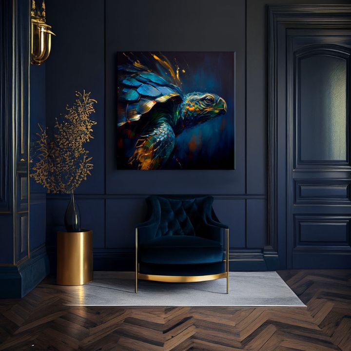 Pop art tablou pe pânză cu motivul PREMIUM ART - Green Turtle Odyssey, ocean, peisaj, natură în albastru-auriu nuanțe, atmosferă liniștită, potrivit pentru sufragerie – produs, vedere 2