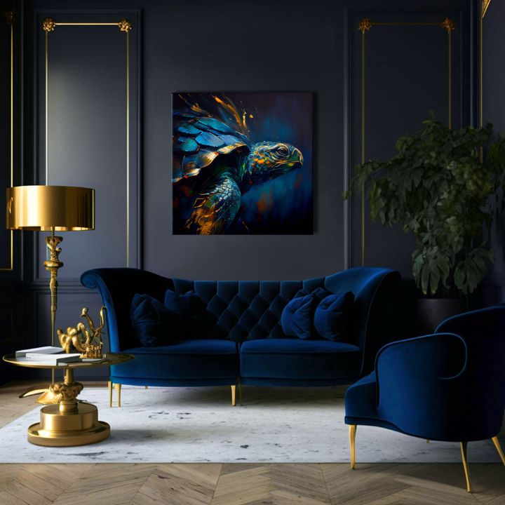 Pop art tablou pe pânză cu motivul PREMIUM ART - Green Turtle Odyssey, ocean, peisaj, natură în albastru-auriu nuanțe, atmosferă liniștită, potrivit pentru sufragerie – produs, vedere 3
