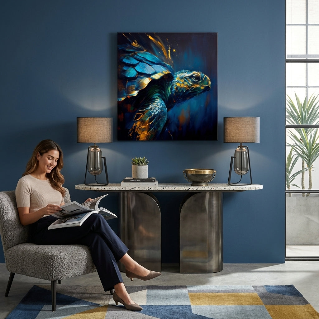 Pop art tablou pe pânză cu motivul PREMIUM ART - Green Turtle Odyssey, ocean, peisaj, natură în albastru-auriu nuanțe agățat în interiorul sufragerie – interior