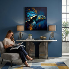 Pop art tablou pe pânză cu motivul PREMIUM ART - Green Turtle Odyssey, ocean, peisaj, natură în albastru-auriu nuanțe agățat în interiorul sufragerie – interior
