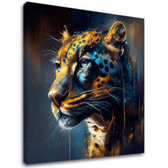 Art deco tablou pe pânză cu motivul PREMIUM ART - Jaguar's Grace in the Wild în albastru-portocaliu nuanțe, atmosferă intensă, potrivit pentru birou de lucru – principală