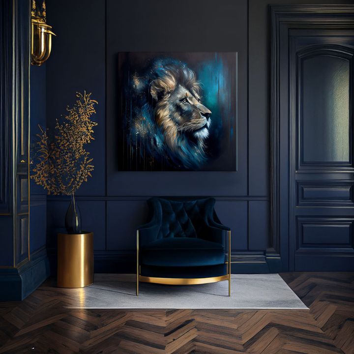 Art deco tablou pe pânză cu motivul PREMIUM ART - Lion's Strength and Grace, leu în albastru-portocaliu nuanțe, atmosferă maiestuoasă, potrivit pentru birou – produs, vedere 2