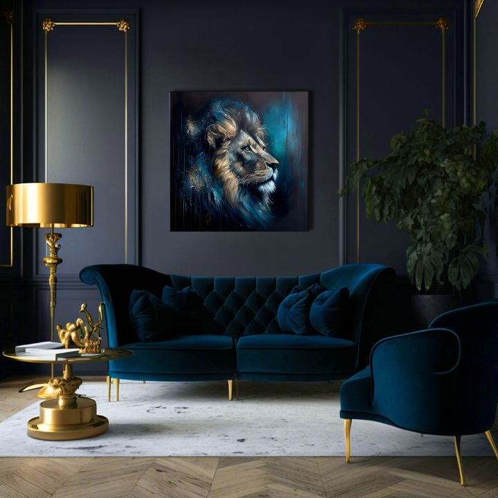 Art deco tablou pe pânză cu motivul PREMIUM ART - Lion's Strength and Grace, leu în albastru-portocaliu nuanțe, atmosferă maiestuoasă, potrivit pentru birou – produs, vedere 3