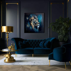 Art deco tablou pe pânză cu motivul PREMIUM ART - Lion's Strength and Grace, leu în albastru-portocaliu nuanțe, atmosferă maiestuoasă, potrivit pentru birou – produs, vedere 3