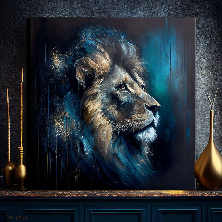 Art deco tablou pe pânză cu motivul PREMIUM ART - Lion's Strength and Grace, leu în albastru-portocaliu nuanțe, atmosferă maiestuoasă, potrivit pentru birou – produs