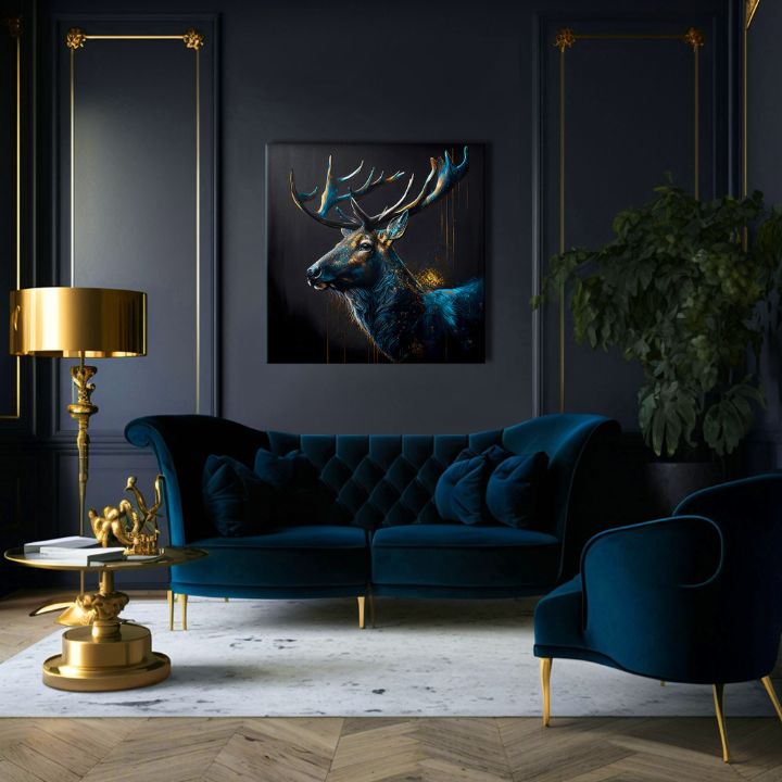 Art deco tablou pe pânză cu motivul PREMIUM ART - Peaceful Forest Guardian, cerb în albastru-auriu nuanțe, atmosferă maiestuoasă, potrivit pentru birou de lucru – produs, vedere 3