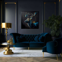 Art deco tablou pe pânză cu motivul PREMIUM ART - Peaceful Forest Guardian, cerb în albastru-auriu nuanțe, atmosferă maiestuoasă, potrivit pentru birou de lucru – produs, vedere 3