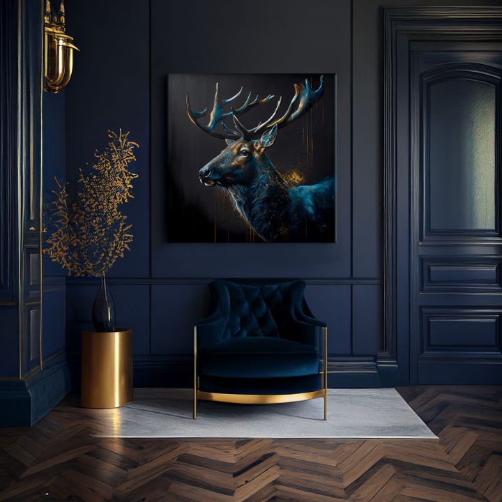 Art deco tablou pe pânză cu motivul PREMIUM ART - Peaceful Forest Guardian, cerb în albastru-auriu nuanțe, atmosferă maiestuoasă, potrivit pentru birou de lucru – produs