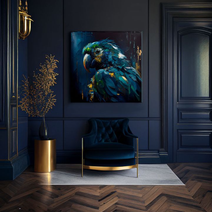 Pop art tablou pe pânză cu motivul PREMIUM ART - Rainbow Feathers in Flight, pasăre în albastru-verde nuanțe, atmosferă dramatică, potrivit pentru birou de lucru – produs, vedere 2
