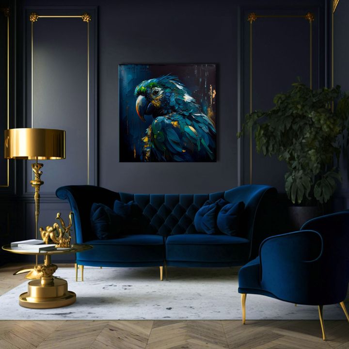 Pop art tablou pe pânză cu motivul PREMIUM ART - Rainbow Feathers in Flight, pasăre în albastru-verde nuanțe, atmosferă dramatică, potrivit pentru birou de lucru – produs, vedere 3