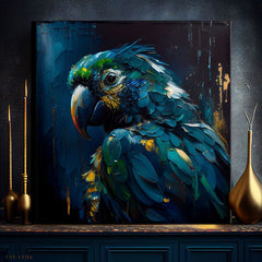 Pop art tablou pe pânză cu motivul PREMIUM ART - Rainbow Feathers in Flight, pasăre în albastru-verde nuanțe, atmosferă dramatică, potrivit pentru birou de lucru – produs