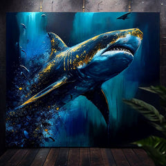 În stil boho tablou pe pânză cu motivul PREMIUM ART - Shark Force in Dark Water, ocean, mare și plajă în albastru-auriu nuanțe, atmosferă maiestuoasă – produs