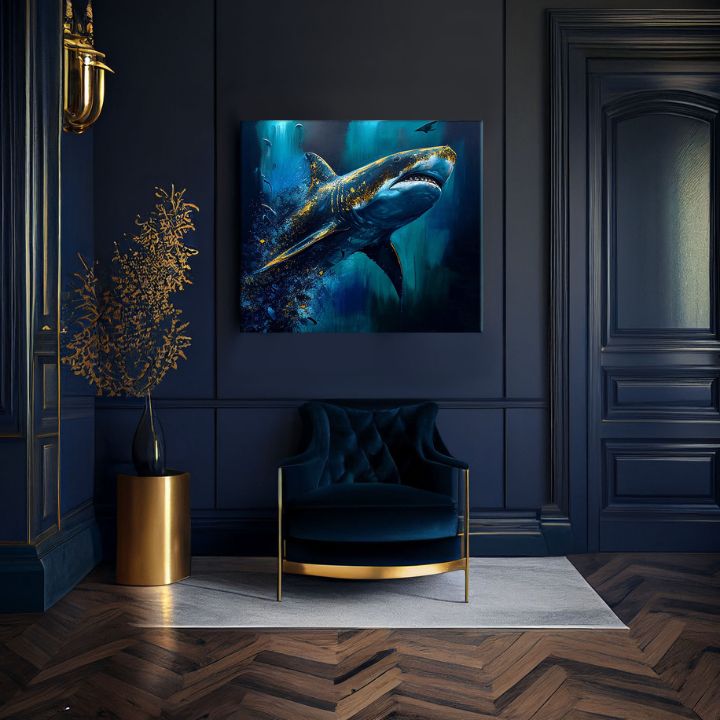 În stil boho tablou pe pânză cu motivul PREMIUM ART - Shark Force in Dark Water, ocean, mare și plajă în albastru-auriu nuanțe, atmosferă maiestuoasă – produs, vedere 3